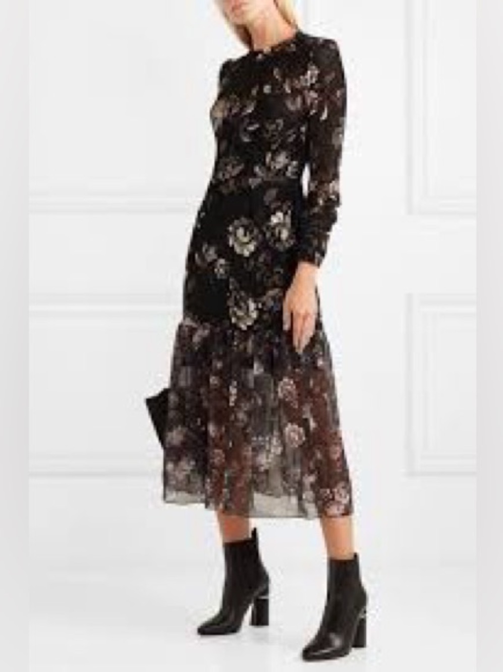 Markus Lupfer Black Velvet Devoré Floral Long Sleeve Maxi Dress Size 2
